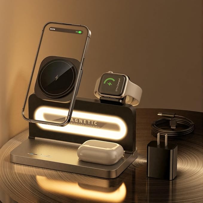 3 in 1 Wireless Charging Station for Apple MagSafe Charger,Magnetic Wireless Charger Stand for iPhone 16 15 14 13 12,Foldable Nightstand Charging Dock for Apple Devices iWatch,AirPods with Night Light