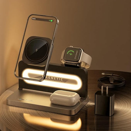 3 in 1 Wireless Charging Station for Apple MagSafe Charger,Magnetic Wireless Charger Stand for iPhone 16 15 14 13 12,Foldable Nightstand Charging Dock for Apple Devices iWatch,AirPods with Night Light