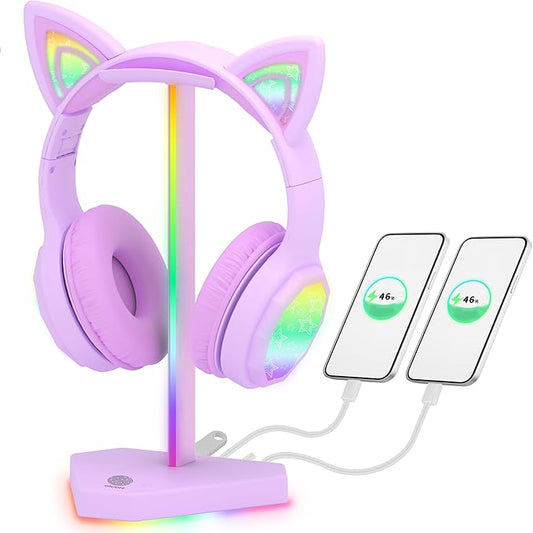RGB Headphones Stand with 1 USB-C Data Transmission& 3 Type-C Charging Port, Desk Gaming Headset Holder with 7 Light Modes and Non-Slip Rubber Base (Purple)