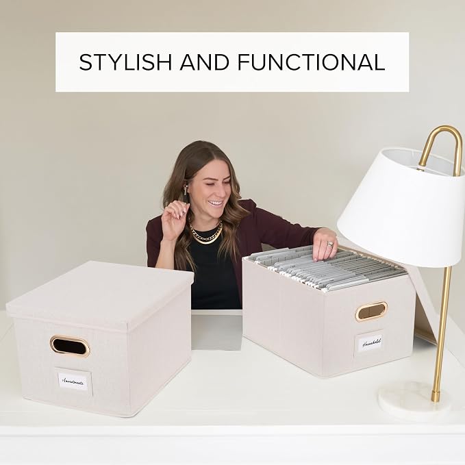 Decorative File Organizer Box Set of 2 - Collapsible Linen Filing Cabinets with Handles Are Perfect to Store All Your Documents & Hanging File Folders - Portable Easy Slide Office Crates with Lid