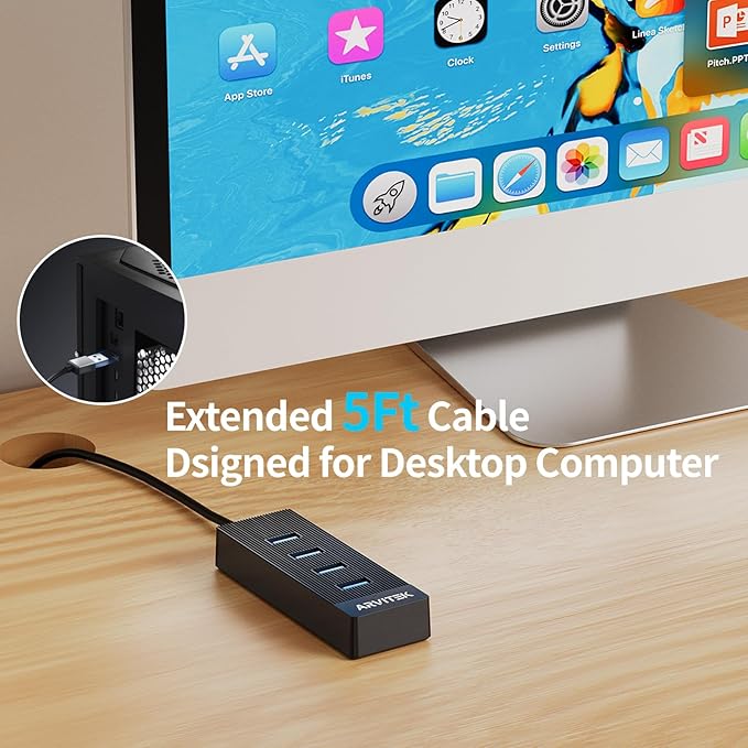 4-Port USB 3.0 Hub for Desktop, USB Extender Hub 5Gbps, USB Multiport Adapter, USB Splitter w/5Ft Long Cable for Desktop, PC, Flash Drive, Mobile HDD (5Ft/1.5m)