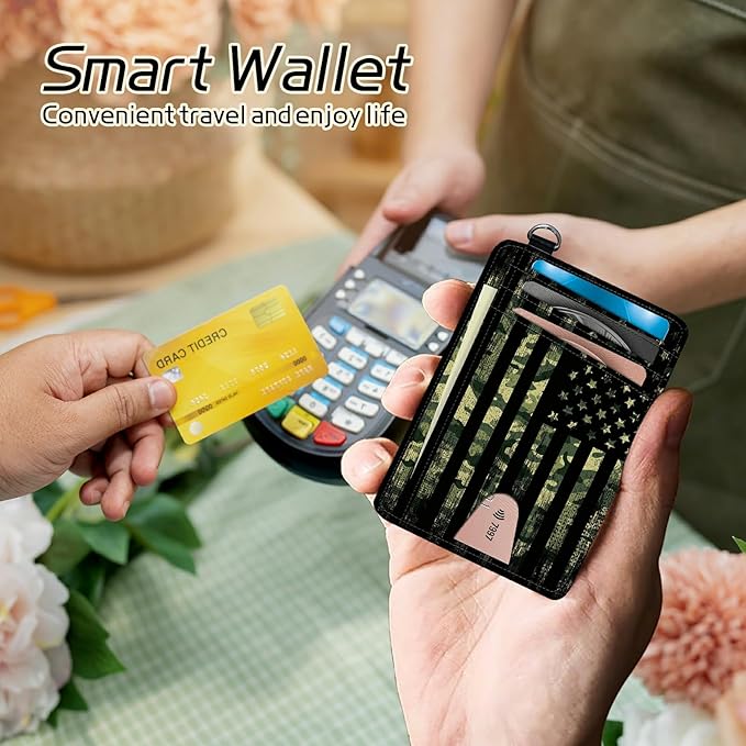 Small Travel Wallets, Military Camouflage American Flag Slim Minimalist Front Pocket Wallet with Wristlet, RFID Blocking PU Leather Credit Card Holder with ID Window Change Purse for Men Women