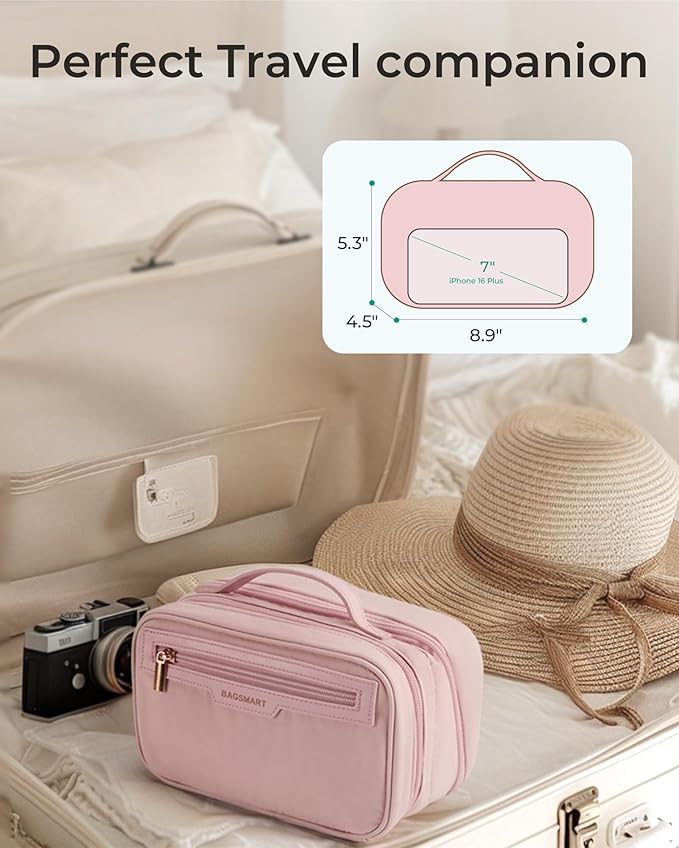 BAGSMART Travel Makeup Bag, Make Up Bag with Multiple Compartments for Organizer, Compact & Durable Cosmetic Organizer for Women for Travel Accessories (Pink