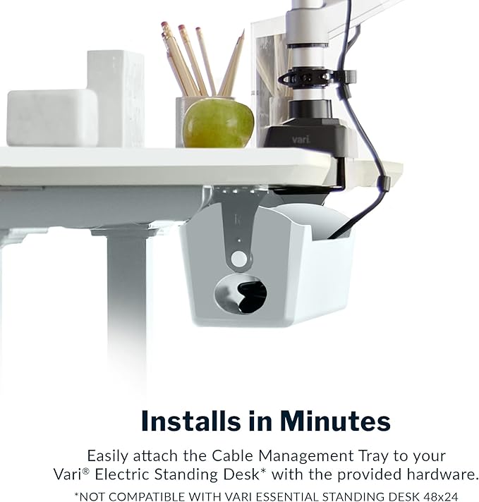 Vari Cable Management Tray - Under Desk Cord & Wire Organizer - Ideal for Home Office Sit Stand Desks - Fits Adjustable Electric Standing Desk 48x30, 60x30, 60x24, 72x30 - Easy Assembly (White)