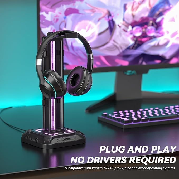 KDD RGB Headset Stand with 9 Light Modes - Controller Holder for Desk - Rotatable Headphone Stand & Detachable Controller Hook for PC Earphone Accessories(Black)