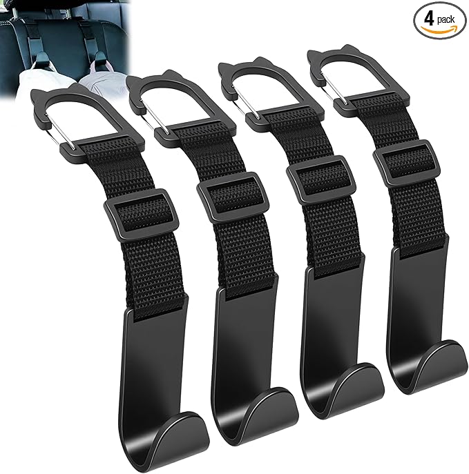 Amooca Car Headrest Hooks 4 Pack Adjustable Universal Fit Auto Seat Back Organizer Storage Hanger Purse Bags Holder with Clip Black