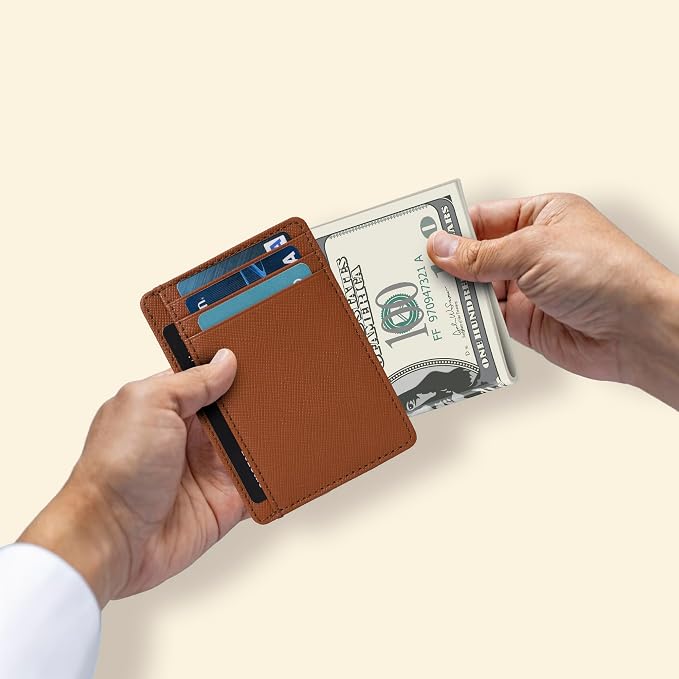 Real Leather Slim Minimalist Wallet for Men and Women -RFID Blocking Front Pocket Thin Credit Card Holder Stylish Wallets (Cognac)