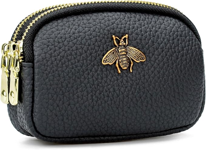 WOZEAH Leather Coin Purse for Women Small 2 Zipper Change Wallet with Key Ring Card Key Coin Cash Holder Pouch(Black)