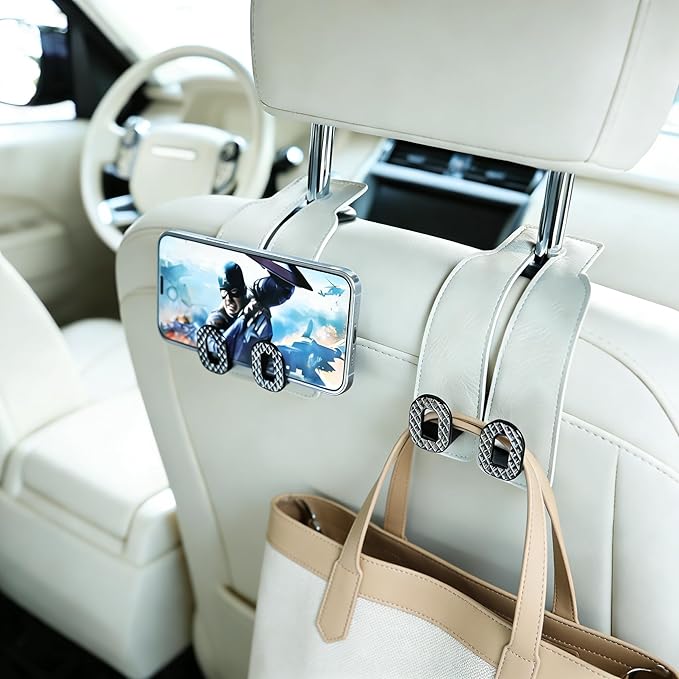 Car Headrest Hooks Universal Car Purse Hook Premium Leather and Alloy Twin Hook Car Seat Back Storage Hanger Hook for Purse Bags Cloth Drink Durable Holder Car Accessories (BH09-White-Black)