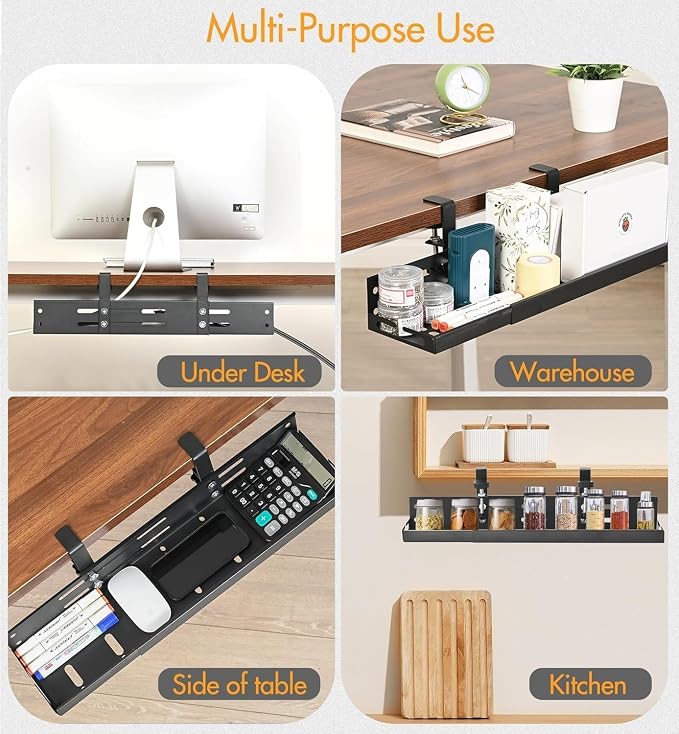 No Drill Under Desk Cable Management Tray, 17”-30” Retractable Cord Organizer for Table, Clamp Mount Wire Basket, Power Strip Holder & Metal Cord Organizer for Office, Home