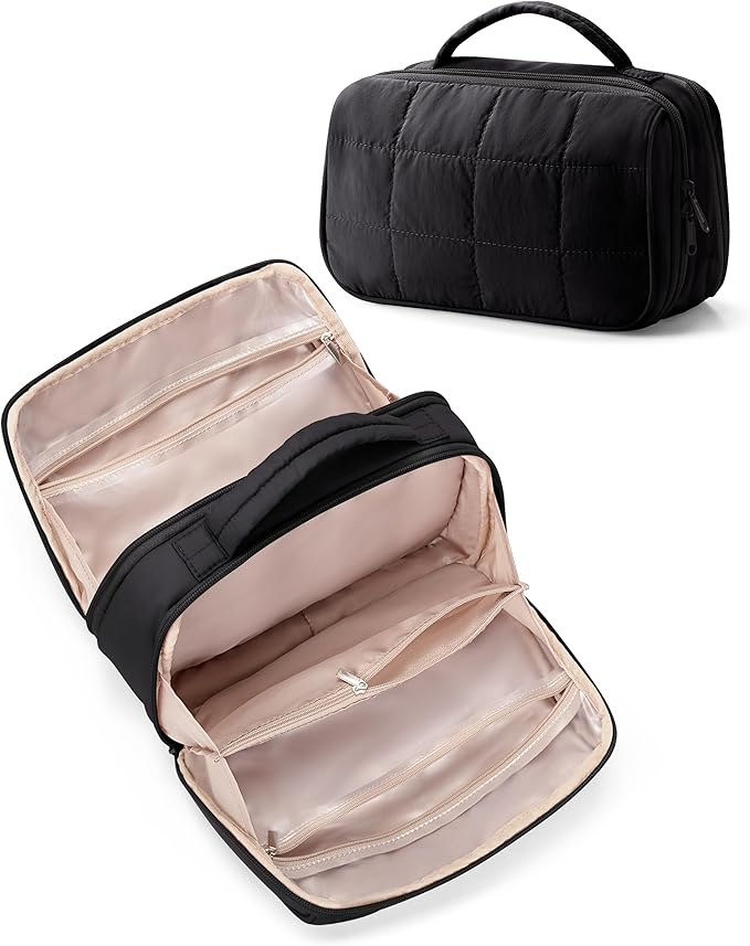 Marscamd Travel Makeup Bag for Women, Puffy Cosmetics Organizer with Waterproof Pockets, Toiletry Pouch for Makeup Brushes, Skincare & Travel Essentials, Black (Bag Only)