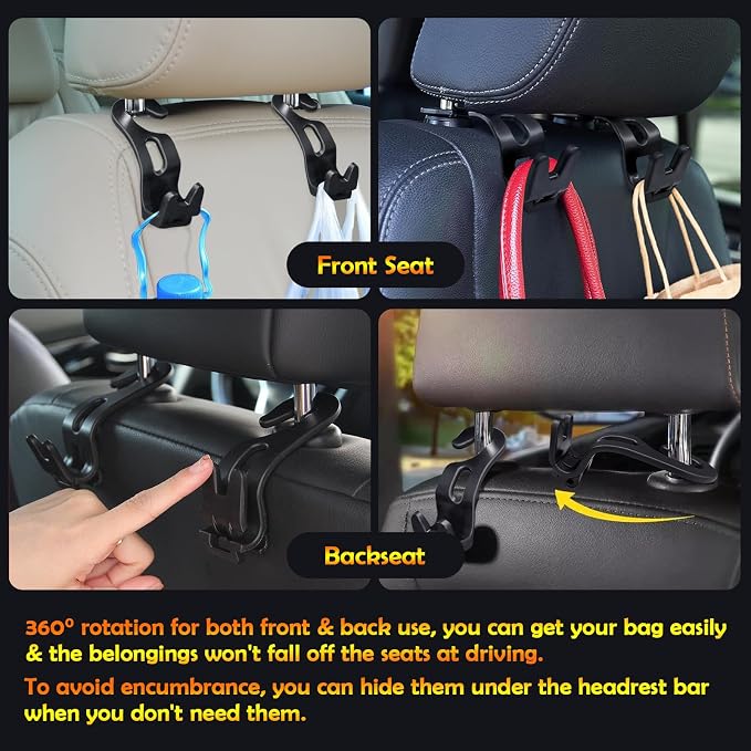 2 Car Back Seat Headrest Hanger with 4 Car Hooks for Coat, Jacket, Suit, Clothes, Purse, Handbag and Grocery Bags - Multi-Purpose Storage Holder for Automobile