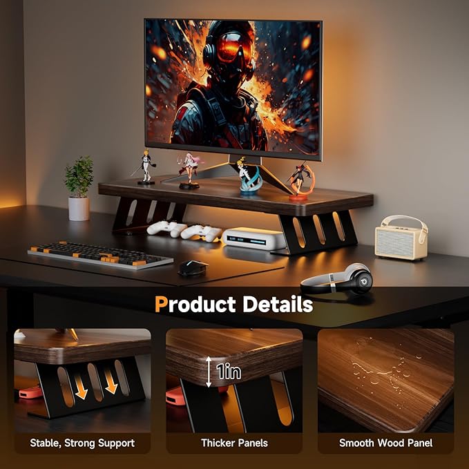 Monitor Stand - 24 Inch Wood Monitor Stand Riser, 220 Pounds Load Capacity Desk Monitor Riser for Laptop/PC/Printer, Desktop Stands Organizer for Home Office