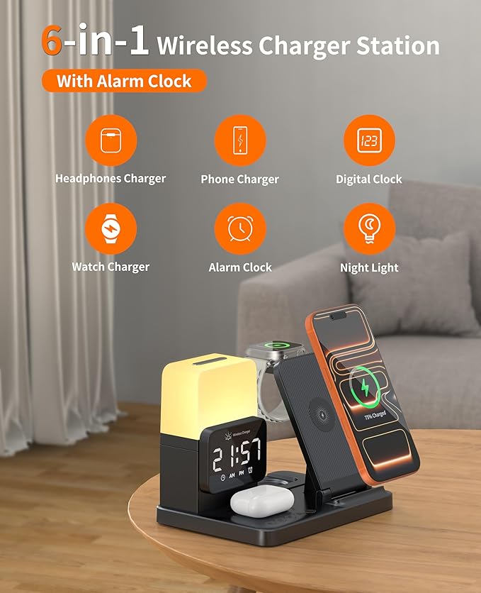 6-in-1 Wireless Charging Station, Charger Stand for Apple Multiple Devices, for iPhone 17 16 15 14 13 12 Pro Max Watch Airpods, Wireless Charger iPhone Charging Station with Night Light/Alarm Clock