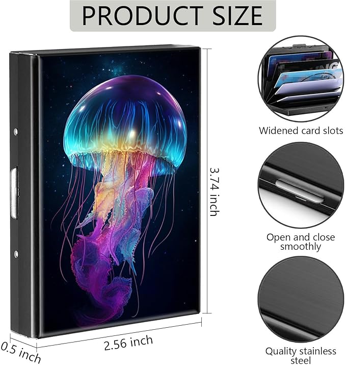 Credit Card Holder, Galaxy Jellyfish Design Mini RFID Blocking Aluminum Wallet Slim Metal Hard Case Shell Travel Wallet ID Case Small Credit Cards Case Business Cards for Women Men Girls