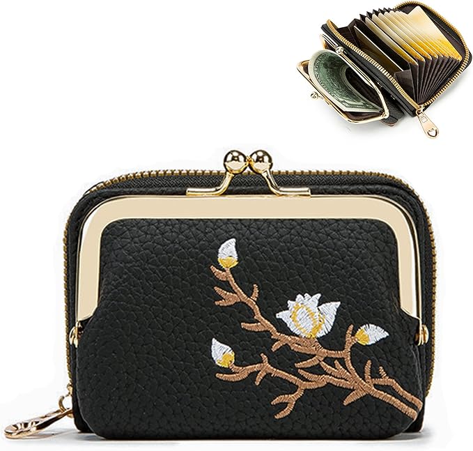 Women's Pebble Leather Wallet, 2-in-1 Zip-Around Credit Card Holder with Kiss Lock Coin Purse, Cute Change Purse with Secure Clasp & Card Slots (Black, Small)