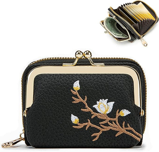 Women's Pebble Leather Wallet, 2-in-1 Zip-Around Credit Card Holder with Kiss Lock Coin Purse, Cute Change Purse with Secure Clasp & Card Slots (Black, Small)