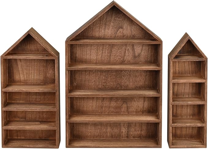 Ikee Design 3 Pcs Set House-Shaped Shelf Wooden Shadow Cubby Box Display Shelf Organizer Storage Display Shadow Box for Mini Figures,15 Compartments, Brown Color