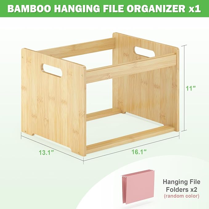 Hanging File Organizer Box for Letter Size, Bamboo File Folder Organizer, Storage Moving Boxes with Handle Wood Desk Filing Box for Office Banker Document