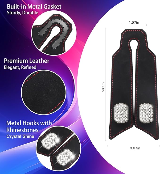 2Pcs Bling Car Headrest Hooks, Premium Leather & Sparkling Rhinestone Dual Metal Hooks, Back Seat Organizer for Bags, Coats, Purses and Groceries (Crystal Black)