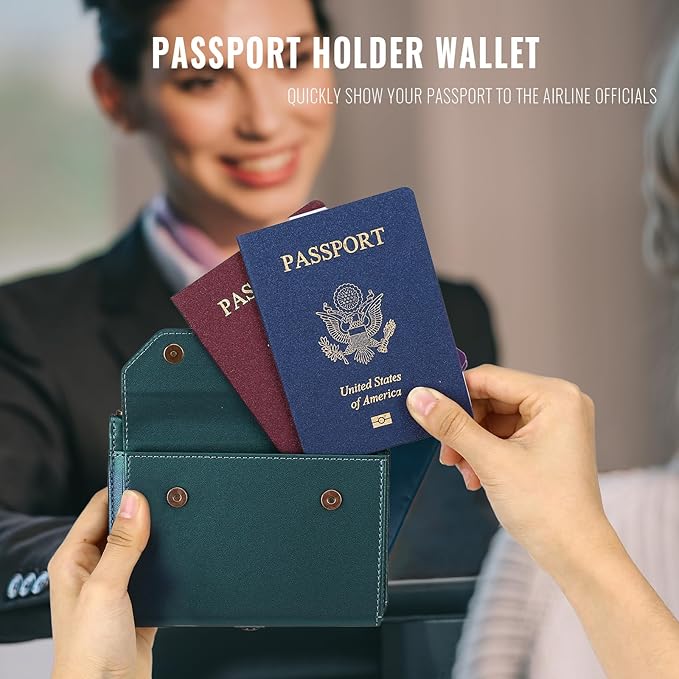 ASAPDOS RFID Blocking Family Passport Holder Wallet,Hold 2-3 Passports for Travel with Credit Card Slots & Wrist Crossbody Strap Blue Green