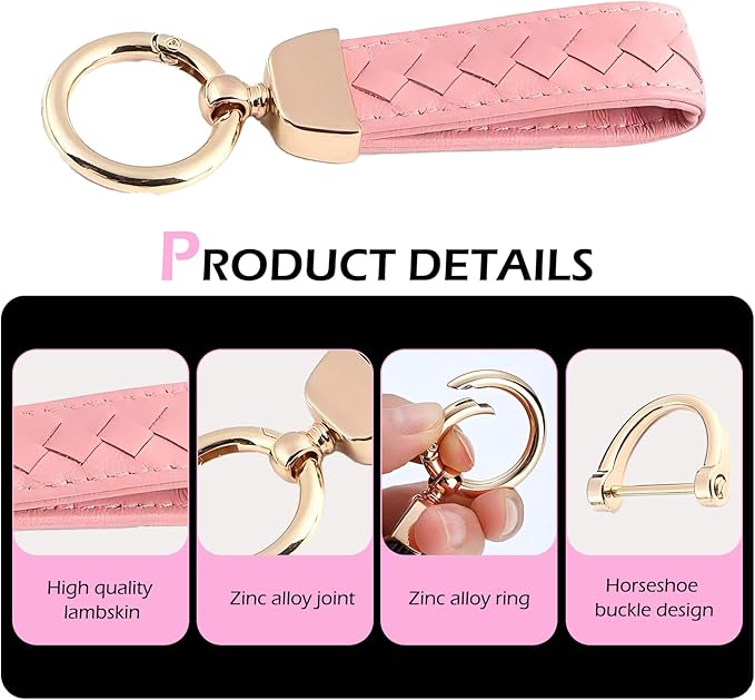Car Keys Keychain, Leather Key Chain, Pink Leather Wristlet Keychain with 2 Key Ring andAnti-Lost D-Ring, Keyfob holder for Women Men (Pink)