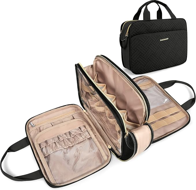 BAGSMART Toiletry Bag for Women, Large Toiletry Bag Water-resistant Makeup Cosmetic Organizer Bag Door Room Essentials for Accessories, Shampoo, Full Sized Container, Toiletries (Medium, Black)