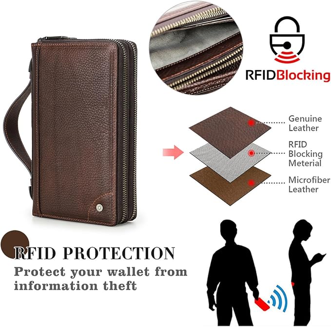 Top Grain Genuine Leather Zipper Clutch Wallet for Man & Woman, Handmade Vintage Design, Multi Slots & Side Pocket & Strap, RFID Large Capacity for Cards/Checks/Passports/Phone/Pen/AirTag, Red Coffee