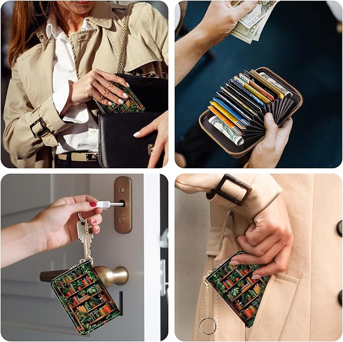 Credit Card Holder RFID Wallet, Small Card Holder Wallet for Women with Keychain Zipper, Funny Leather Print Credit Card Wallets Accordion Gift