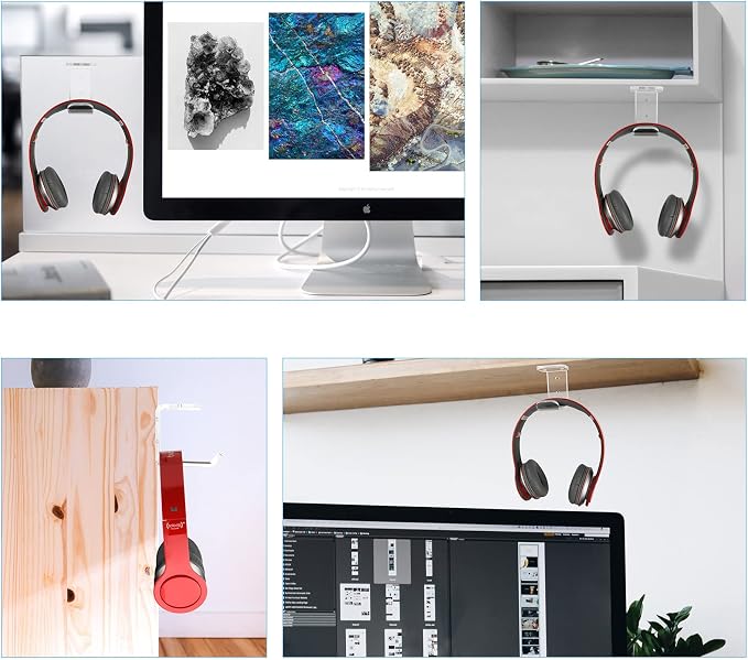 Cosmos 2 Pcs Headphone Hanger Mount Under-Desk Headset Hanger Hook Earphone Holder Wall Mount Hooks with Adhesive Tape & Screw Set Compatible with PC Gaming DJ Headset, Acrylic (Transparent Clear)