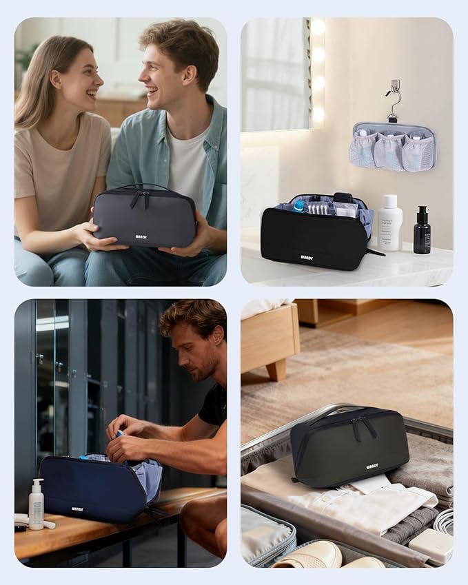WANDF Toiletry Bag for Men, PU Leather Travel Organizer with Detachable Waterproof Hanging Pouch, Open-Flat Dopp Kit Shaving Bag with Wet Pocket for Travel Toiletries Accessories (Army Green)