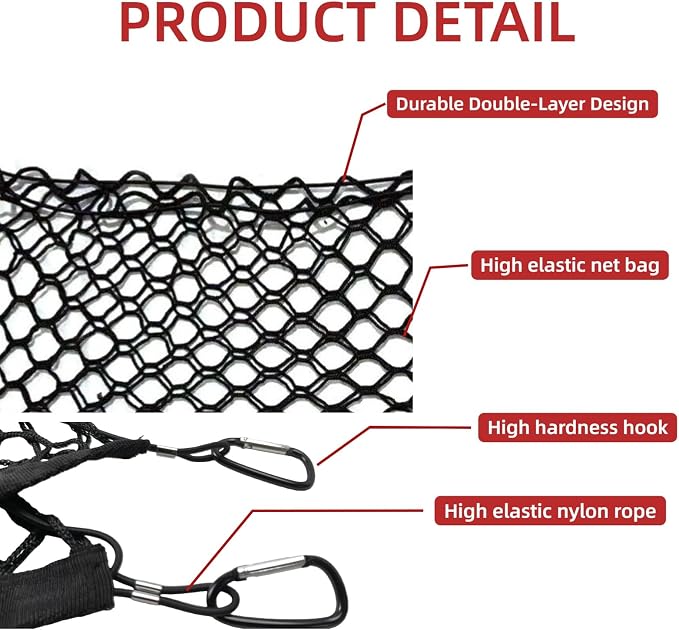 Double Layer Cargo Net for Pickup Truck Bed,Stretchable Rear Cargo Net,50 ×18 inch Elastic Truck Storage Net with 4 Metal Carabiners, Nylon Storage Organizer for Pickup Trucks
