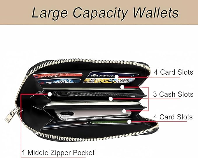 Nautical Anchor Print Leather Wallet Phone Credit Card Money Holder with Many Rooms Zipper Purse for Women Men