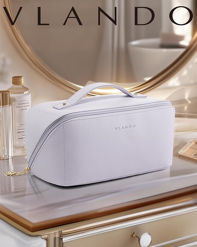 VLANDO Makeup Bag,Travel Toiletry Bag,Cosmetic Bag for Women PU Leather Portable Make up Bag for Skincare, Brushes & Travel Essentials-Purple