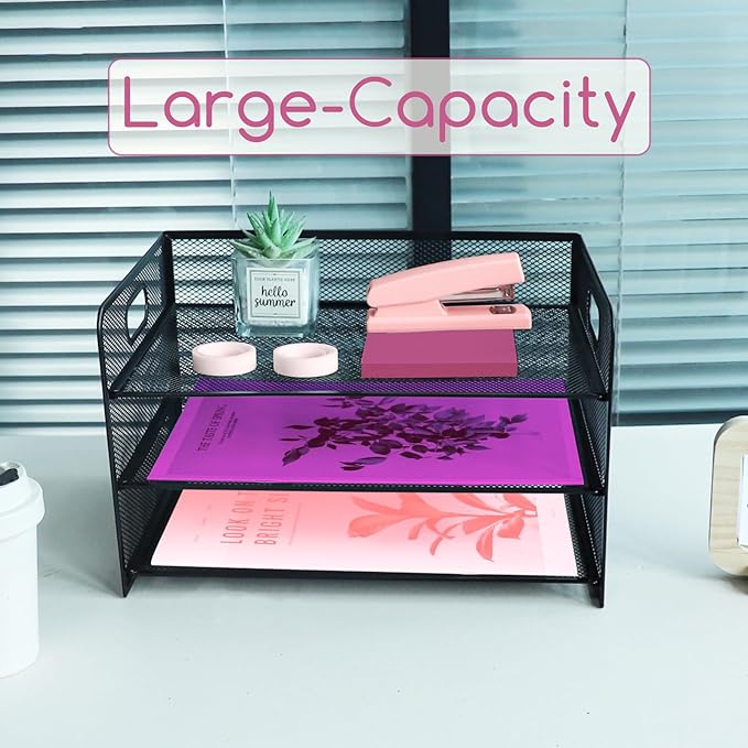 3 Tier Lettrer Tray Organizer with Handle, Metal Mesh Desk File Organizer with Sliding Trays, Paper Sorter Desk for Home Office School, Black