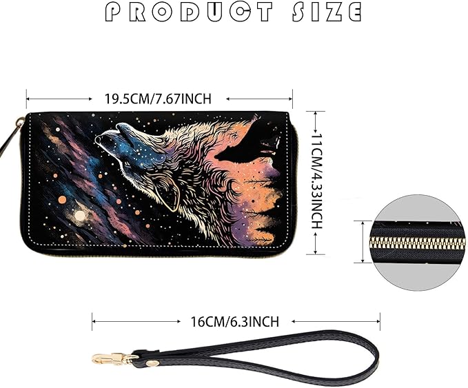 Women's RFID Blocking Zip Around Wallet with Detachable Wrist Strap, Large Capacity Credit Card Holder Organizer for Everyday Use,Galaxy Wolf