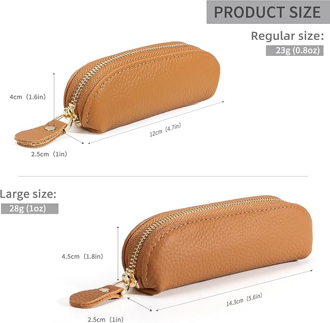 Full Grain Leather Coin Pouch - Travel Small Coin Purse with Zipper - Mini Key Pouch Change Purse for Women and Men (Brown, Large Size)