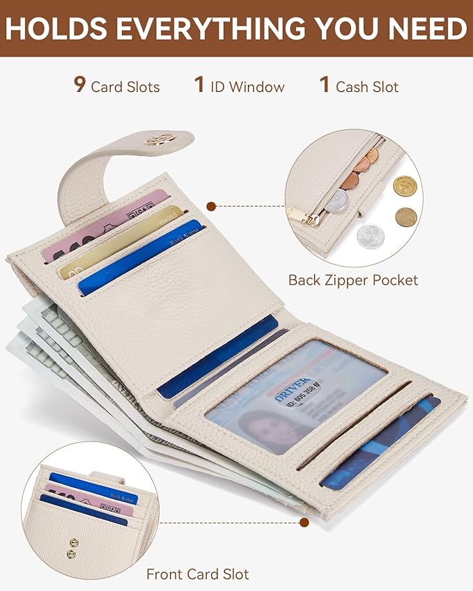 BOSTANTEN Slim Wallet for Women Small RFID Blocking Credit Card Holder Leather Bifold Wallets with Zipper Coin Pocket Beige