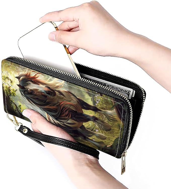 Women's Large Capacity Wallet PU Leather Zip Around Clutch Purse Multifunctional Wallet with Removable Wristlet Strap for Smart Phone/Coin/Card/Cash, Horse