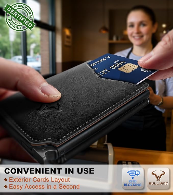BULLIANT Men Wallet Leather Wallet Card Holders Money Clip for Men 10Cards-Magnetic Flip on Metal Case