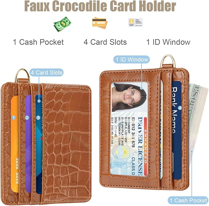 Slim Credit Card Holder Crocodile Wallet Women Thin Alligator Wallets RFID Blocking Minimalist Lightweight Small Cute Cards Holders with ID Window, Brown