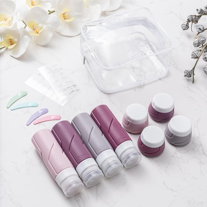 Travel Bottles for Toiletries 15 Pack, TSA Approved Travel Size Containers 3oz, LeakProof Silicone Squeezable Creams Jars, Refillable Toiletry Bottles for Shampoo, Conditioner (Cranberry)