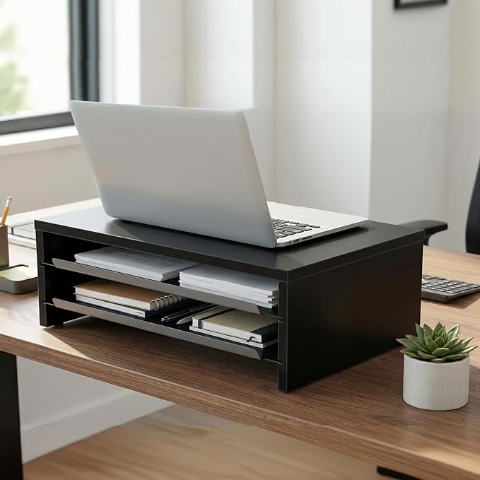 Fenge Monitor Stand, 3-Tier Monitor Riser with Slide-Out Tray, Wooden and Metal Desktop Organizer for Home Office, Computer, Laptop, Printer, Telephone