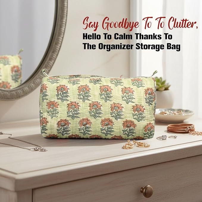 Cotton Hand Block Floral Print Toiletry Bag For Women Make Up Cosmetic Bag Jewelry Organizer Kit Storage Bag Case Travel Accessories Essential Toiletries Purse Open Pouch (Light Green, Set of 1)