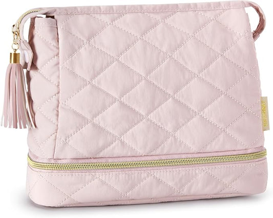BAGSMART Makeup Bag Travel Cosmetic Bag,Puffy Make Up Bags for Women Double Layer Makeup Organizer Case,Wide-open Pouch Purse Storage Travel Essentials Toiletries Accessories Brushes,Pink