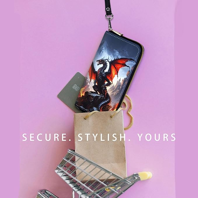 Zip Around Wallets for Women with Detachable Wrist Strap, Large Capacity RFID Blocking Leather Purse Organizer Card Holder Wristlet,Magic Dragon Castle