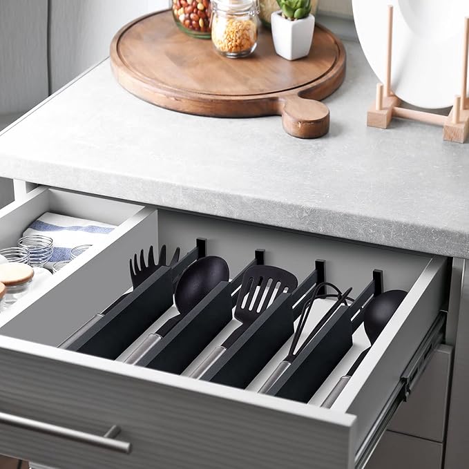 4 Pack Bamboo Drawer Dividers 2.6" High, Adjustable Length from 12 Inch to 17 Inch, Expandable Kitchen Drawer Organizer Separators for Clothes, Kitchen, Bedroom, Dresser, Office (Black)