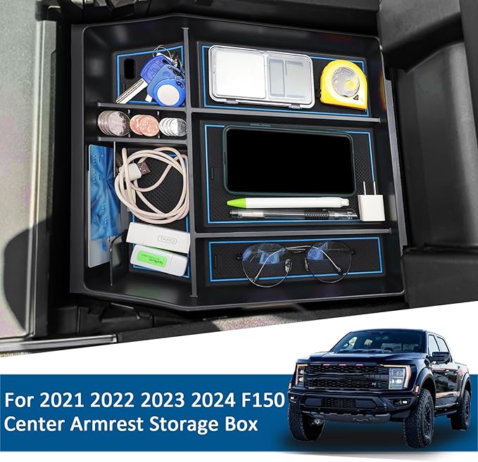 Center Console Organizer Tray for Ford F150 2021 2022 2023 2024 Accessories Interior Secondary Storage Armrest Box Insert Hidden Cubby Drawer (Full Console w/Bucket Seats ONLY) (Blue Trim)