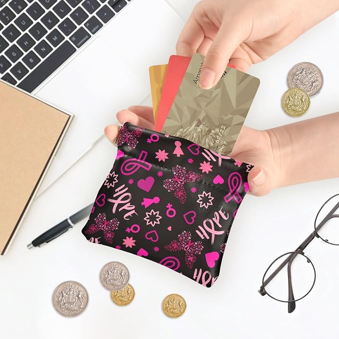 Pink Ribbon Women's Waterproof PU Leather Coin Purse, Slim Travel Wallet with Zipper - Compact Card Holder & Jewelry Organizer for Cash, Keys, Lipstick
