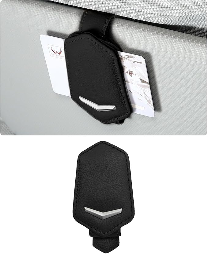 Dickno Sunglasses Holder for Car Sun Visor, Magnetic Leather Glasses Hanger Mounted with Ticket Card Clip, Universal Vehicle Interior Accessories for Different Size Eyeglasses (Black)